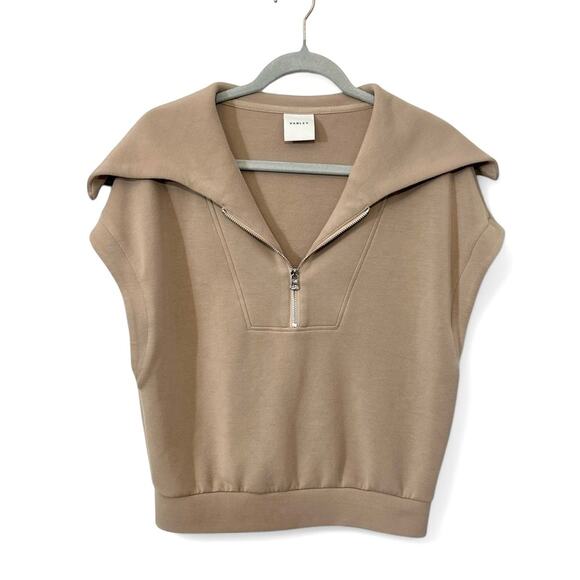 Varley Dexter Half Zip Sweat Top Taupe Neutral Athleisure Cape Collar Medium - Picture 3 of 16